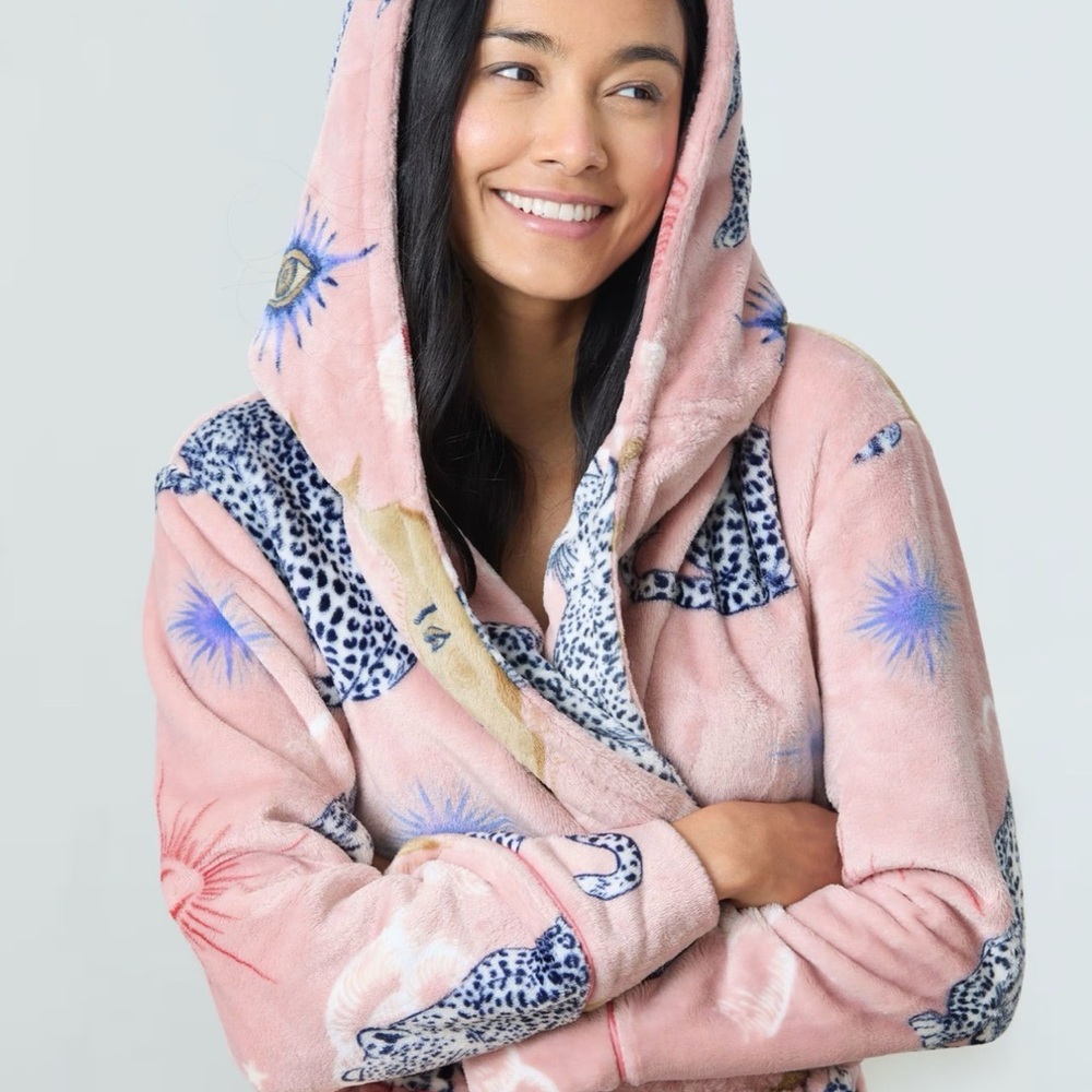 Fleece Celestial Leopard Print Dressing Gown Robe NWT